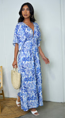 Athens Floral Print Kimono Sleeve Wide Leg Jumpsuit - Blue