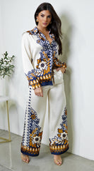 Georgina Floral Print Satin Set - Cream