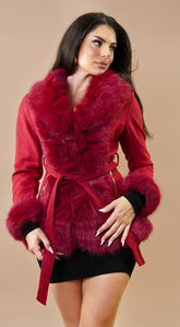 Velouria Faux Suede Fur Coat - Red