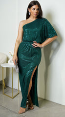 Ever One Shoulder Sequin Maxi Dress - Green