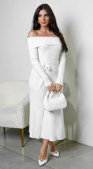 Zoya Off Shoulder Ribbed Midi Dress - Ivory
