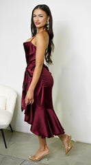 Sorrente Satin Twist Front Midi Dress - Burgundy