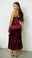 Sorrente Satin Twist Front Midi Dress - Burgundy