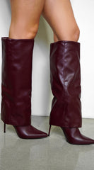 Yetta Pointed Toe Overlay High Heel Boots - Burgundy