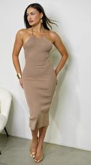 Arisca Ribbed Open Back Midi Dress - Taupe