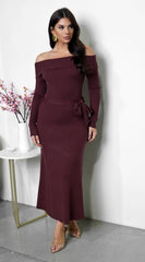 Zoya Off Shoulder Ribbed Midi Dress - Brown