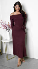 Zoya Off Shoulder Ribbed Midi Dress - Brown