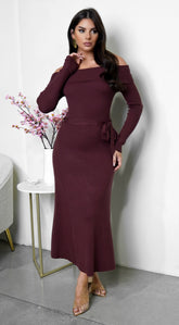 Zoya Off Shoulder Ribbed Midi Dress - Brown