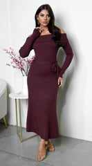 Zoya Off Shoulder Ribbed Midi Dress - Brown