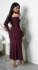 Zoya Off Shoulder Ribbed Midi Dress - Brown