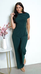 Ruba Cowl Tunic Neck Short Sleeve Wide Leg Jumpsuit - Green