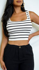Estelle Striped Ribbed Crop Tank Top - White