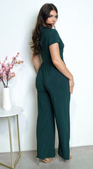 Ruba Cowl Tunic Neck Short Sleeve Wide Leg Jumpsuit - Green