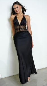 Ravena Lace Detail Halter Maxi Dress - Black
