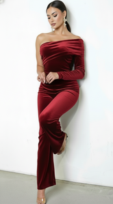 Nightfall One Shoulder Velvet Jumpsuit - Burgundy