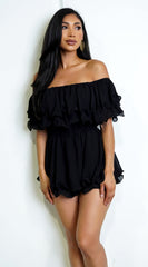 Karli Off Shoulder Ruffled Romper - Black