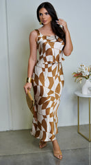 Addison Geo Print Satin Skirt Set - Brown