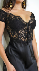 Roux Lace Satin Maxi Dress - Black