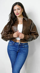 Nolair Bomber PU Leather Jacket - Brown