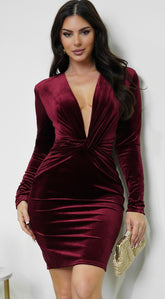 Aless V Neck Front Twist Velvet Mini Dress - Burgundy