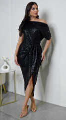 Lya Off Shoulder Draped Sequin Midi Dress - Black