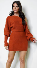Moscow Off Shoulder Sweater Mini Dress - Rust