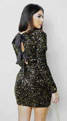Éloria Velvet Sequin Long Sleeve Mini Dress - Black