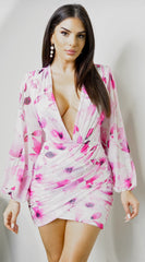 Deniz Surplice Mini Dress - Floral Pink