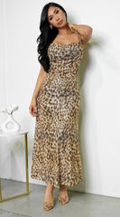Yeva Mesh Cowl Neck Leopard Print Maxi Dress - Beige