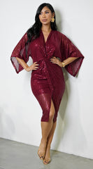 Maryla Front Twist Sequin Midi Dress - Burgundy