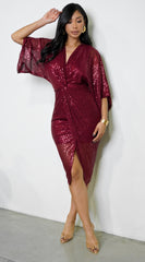 Maryla Front Twist Sequin Midi Dress - Burgundy