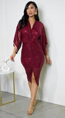 Maryla Front Twist Sequin Midi Dress - Burgundy