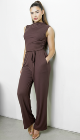 Cael Ribbed Mock Neck Jumpsuit - Brown