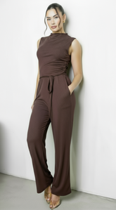Cael Ribbed Mock Neck Jumpsuit - Brown