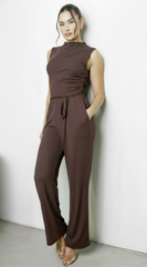 Cael Ribbed Mock Neck Jumpsuit - Brown