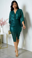 Maryla Front Twist Sequin Midi Dress - Green