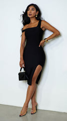 Tamika Black Off Shoulder High Slit Bandage Dress