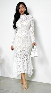 Ishani Mock Neck Lace Midi Dress - White
