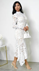 Ishani Mock Neck Lace Midi Dress - White