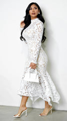 Ishani Mock Neck Lace Midi Dress - White