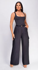 Iva Black Wide Leg Cargo Pocket Pants