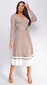 Amari Beige Belted Pleated Sweater Midi Dress