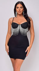 Electra Black Rhinestone Fringe Mini Dress