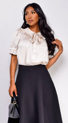 Brea Neck Tie Shoulder Shirring Blouse - Cream