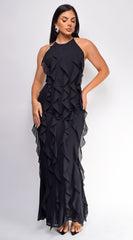 Erma Halter Ruffle Maxi Dress - Black