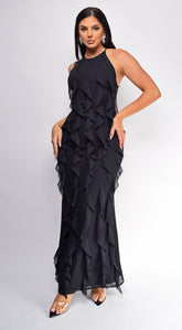 Erma Halter Ruffle Maxi Dress - Black