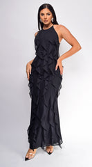 Erma Halter Ruffle Maxi Dress - Black