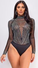 Elodie Black Mesh Rhinestone Bodysuit