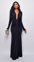 Leilani Metallic Ruched Deep V Maxi Dress - Black