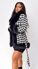 Korinna Houndstooth Faux Fur Coat - Black